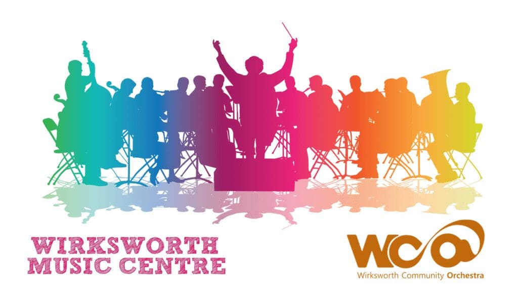 A rainbow coloured silhouette of an orchestra with Wirksworth Music Centre & Community Orchestra logos